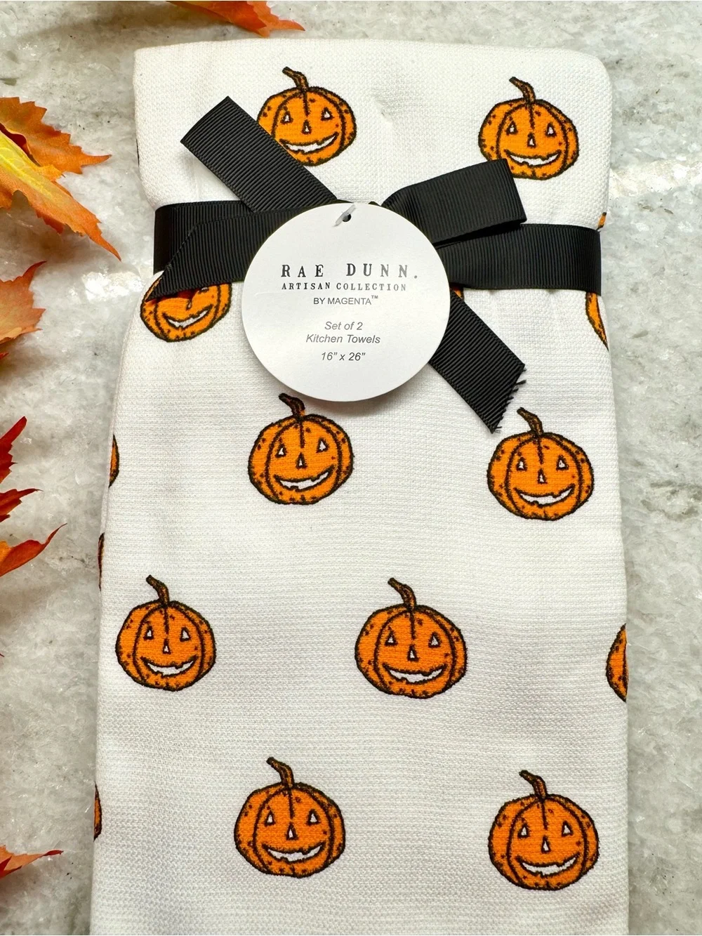 New Rae Dunn Halloween Pumpkin Trick or Treat Kitchen Hand Towels Set of 2